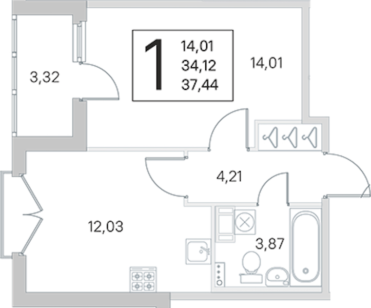 1-комнатная квартира 34.12 м², 4/4 эт., ЖК «Любоград в Стрельне»